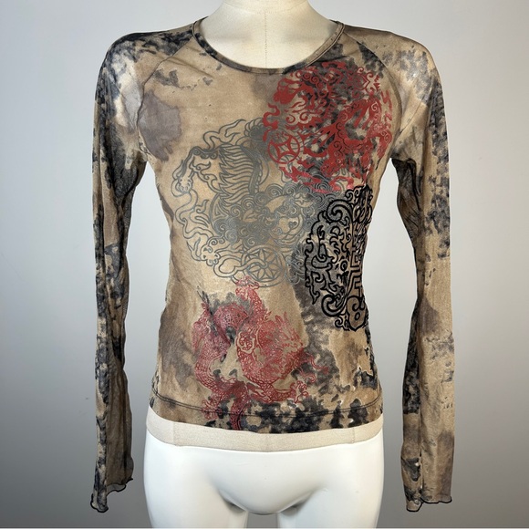 Mexx Tops - Mexx Graphic Y2K Long Sleeve Tee in Beige and Red M